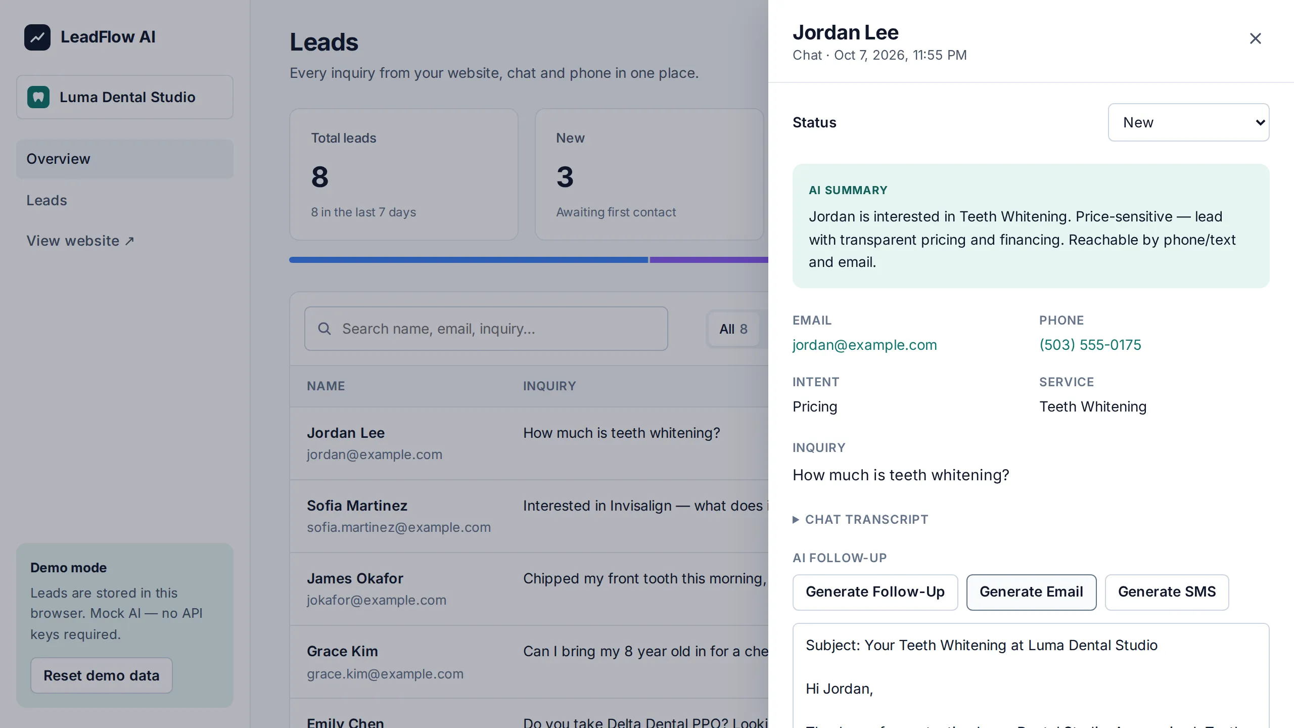 Lead detail panel in the dashboard showing an AI summary, contact details, intent, service and a generated follow-up email.