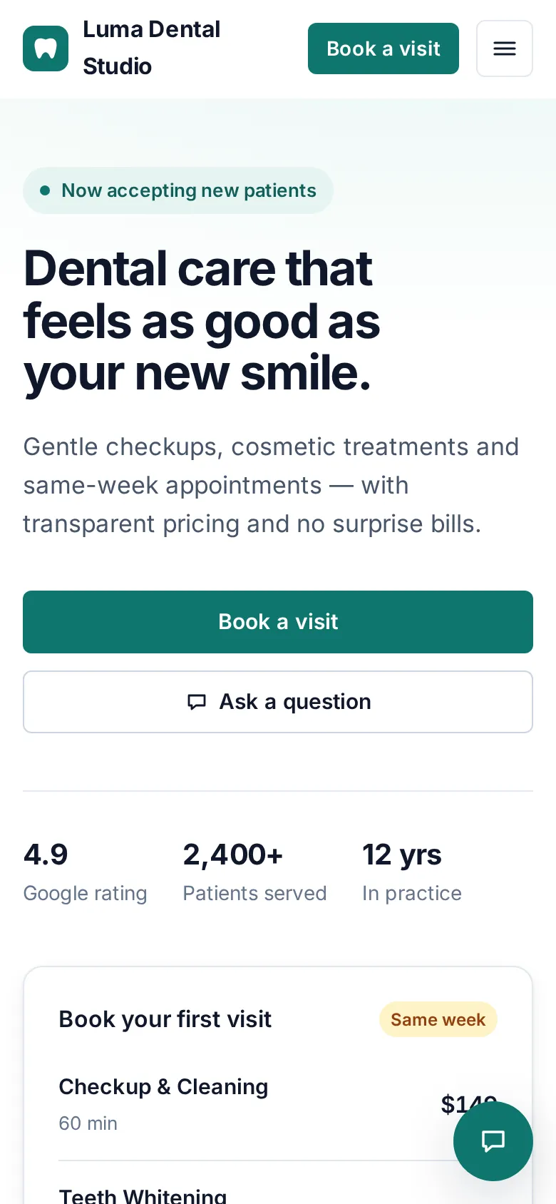 The demo business website on a phone, with the AI chat button in the corner.