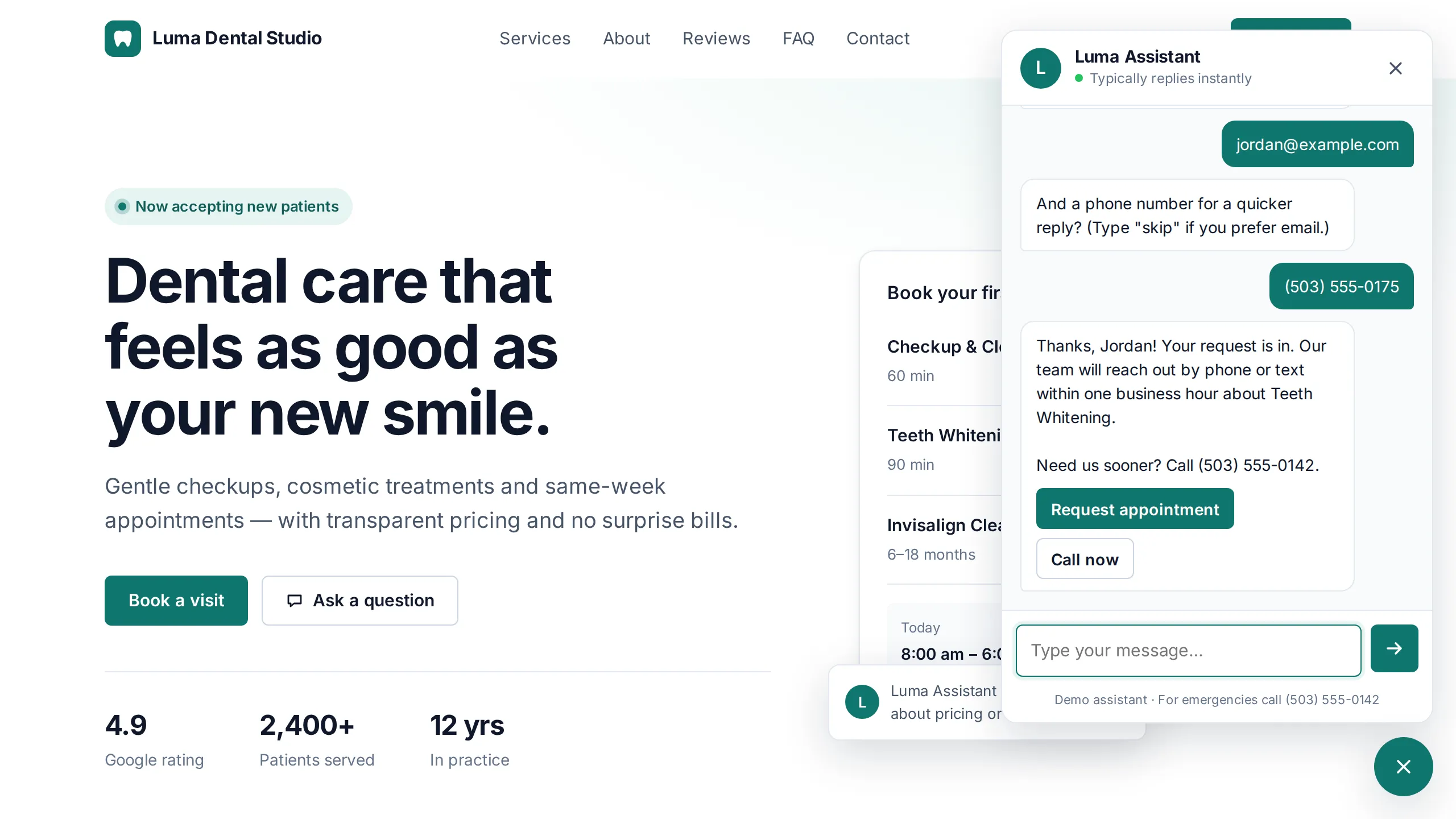 Demo dental website with the AI chat open. The assistant has collected the visitor’s email and phone and confirms the request.